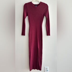 FCT With Love Long Sleeve Ribbed Sweater Dress with Slit, Red Wine, Size Large